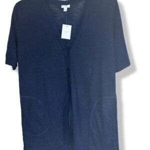NWT J. Jill Navy Blue Linen Button Up vneck lightweight cardigan sweater POCKETS